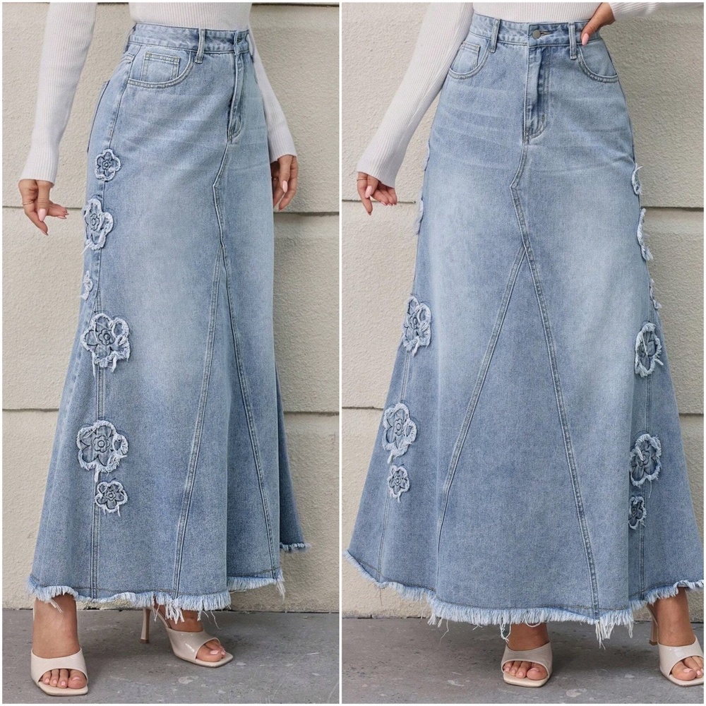 Light Wash Floral Applique High Waisted Denim Maxi Skirt - Picture 2 of 4